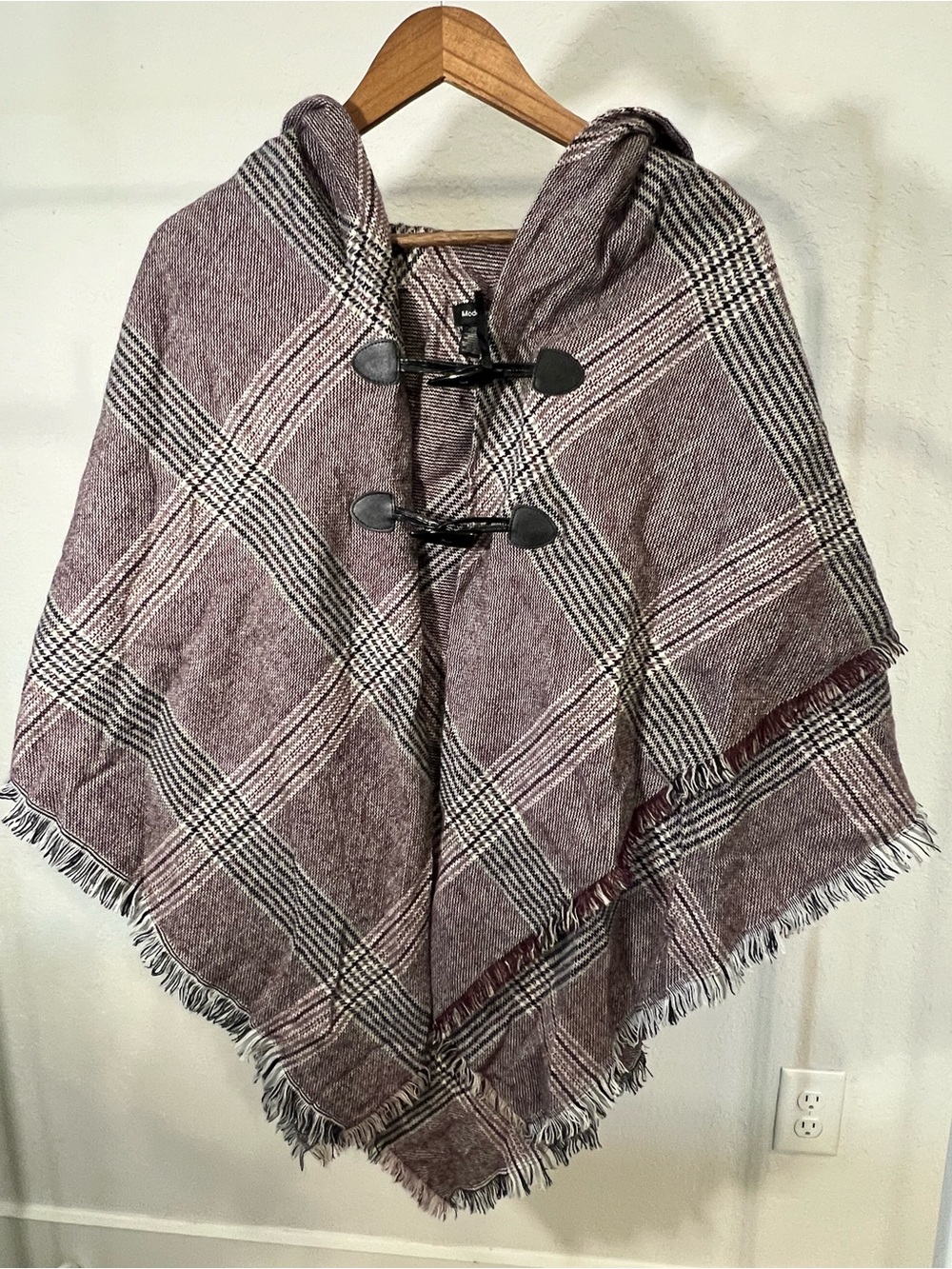 Modena Plaid Hooded Fringe Wrap Poncho Cape One Size